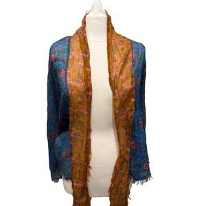 Natural Life Floral Sheer Kimono Jacket Blue Open Front Scarf Neck Fringe Boho